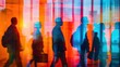 © kitidach - Shuttered windows, unemployment line, close up, focus on, copy space, vibrant colors, Double exposure silhouette with jobless people