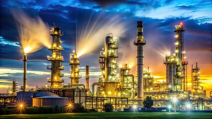 Wall Mural - Nighttime refinery and plant scene with glowing lights and billowing smoke, industrial, factory, night, refinery, plant