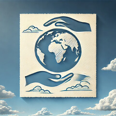 clear blue sky with two hands holding earth in center representing environmental protection