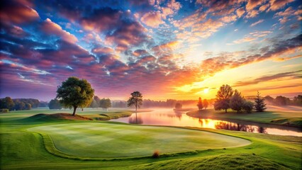 Wall Mural - Serene golf course at dawn with dewy grass and colorful sky, golf, course, dawn, sunrise, serene, peaceful, tranquil