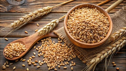 Wall Mural - Organic peeled spelt grains and ear of wheat , spelt, grains, organic, natural, food, healthy, gluten-free, agriculture