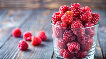 Wall Mural - Close-up of fresh raspberries in a clear glass, summer, berry, vibrant, colorful, healthy, fruit, juicy, delicious, antioxidant