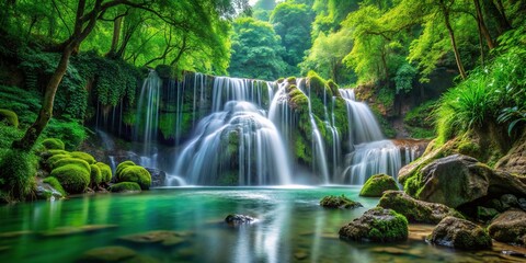 Lush green natural forest waterfall with cascading water and rocks , waterfall, forest, nature, peaceful, serene, greenery