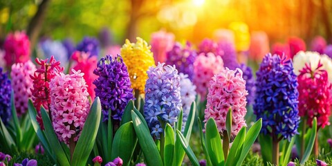 Wall Mural - Vibrant hyacinths blooming in a lush garden , flowers, spring, colorful, nature, blooming, fragrant, petals, purple, garden