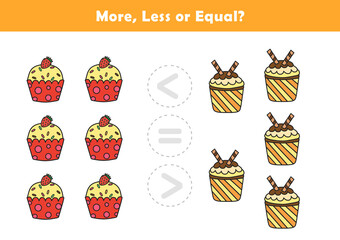 Wall Mural - Comparison Worksheet with Cute Cartoon Cupcakes for Kids. Counting Games for Preschoolers. More or Less Worksheet for Kindergarten.