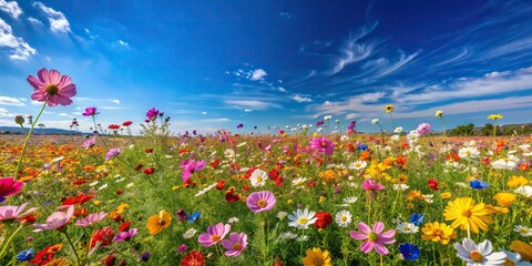 Wall Mural - Vivid field of wildflowers under clear blue sky, vibrant, field, wildflowers, nature, colorful, meadow, clear sky, sunny