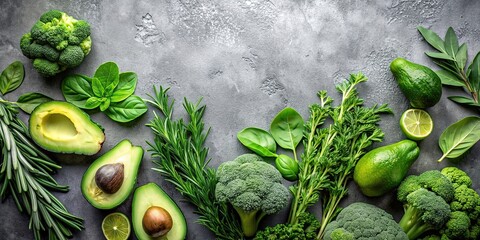 Wall Mural - Top view of fresh organic green vegetables including avocado, broccoli, rosemary, and basil on a gray background, healthy