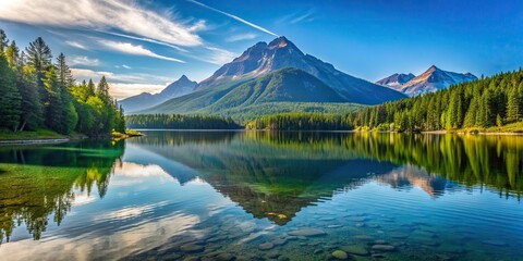 Wall Mural - Scenic view of a tranquil lake with a majestic mountain backdrop, water, mountain range, blue, nature, landscape, peaceful