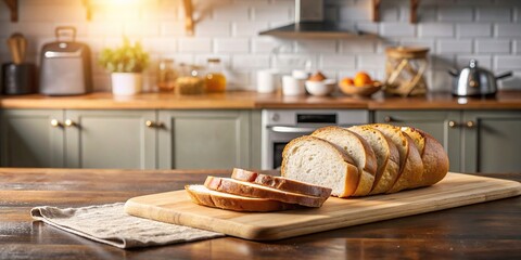 Poster - Sliced bread on a wooden cutting board in the kitchen, bread, sliced, kitchen, food, baking, homemade, fresh, organic