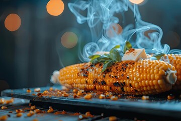 Wall Mural - Close-up of steaming grilled corn on the cob with butter and herbs, evoking a cozy and appetizing barbecue scene.