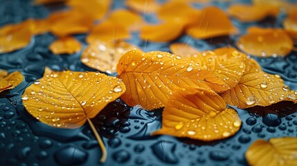 Wall Mural - Golden Autumn Rainfall: Yellow Leaves and Water Drops Creating a Serene Seasonal Atmosphere. Captivating Nature Scene Reflecting the Beauty of Fall and the Tranquility of Rain.