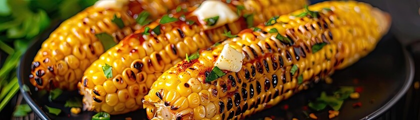 Wall Mural - Delicious grilled corn on the cob with herbs and butter on a dark plate, perfect for a summer barbecue or side dish.