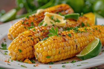 Wall Mural - Delicious grilled corn on the cob garnished with melted butter and fresh herbs, served with lime wedges.
