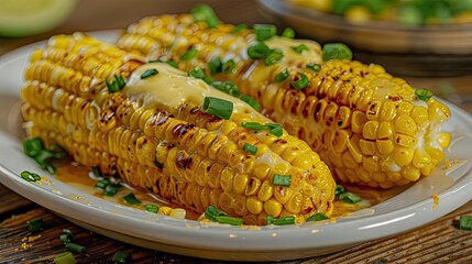 Wall Mural - Close-up of grilled corn on the cob, topped with melted butter and green onions, served on a white plate.
