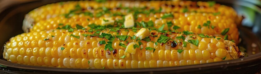 Wall Mural - Grilled corn on the cob garnished with chopped herbs and butter, served on a plate. Perfect for a summer barbecue or picnic.