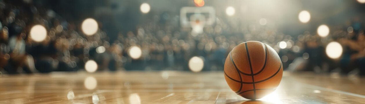 Close-up of a basketball on a court with a blurred background. Perfect for sports, athletics, and team game themes.