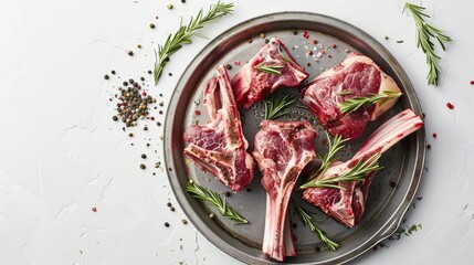 Sticker - Raw lamb leg shanks presented on a metal platter with seasonings White background View from above