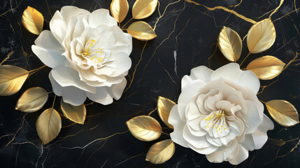 Wall Mural - 3D render of flowers and golden leaves on a dark background