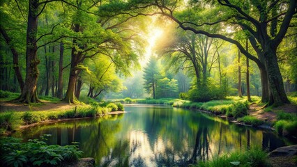 Wall Mural - Enchanting forest with verdant trees and tranquil pond, nature, woodland, lush, greenery, trees, serene, peaceful