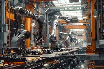 Wall Mural - A high-tech factory with robots on an assembly line, manufacturing car body parts efficiently.
