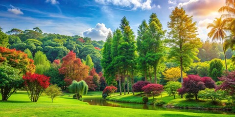 Wall Mural - Lush green landscape with a variety of tall trees and colorful foliage, nature, forest, outdoors, trees, woods, foliage