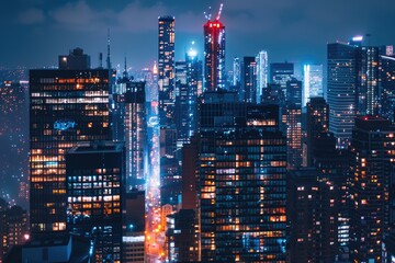 Nighttime cityscape with numerous illuminated skyscrapers