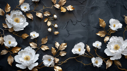 Wall Mural - 3D wallpaper with white flowers and golden leaves on a dark background,