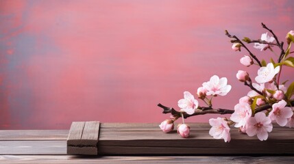 Wall Mural - Cosmetic background. Wooden table and cherry blossoms for product presentation. Spring pink sakura branch with on a stand.