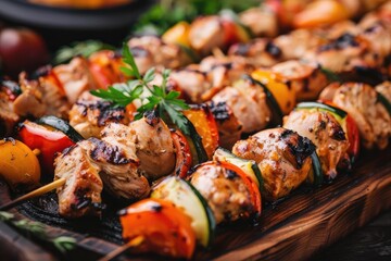 Wall Mural - Grilled chicken skewers with vegetables on wooden plank, garnished with fresh herbs. Perfect for barbecue and summer meal concepts.