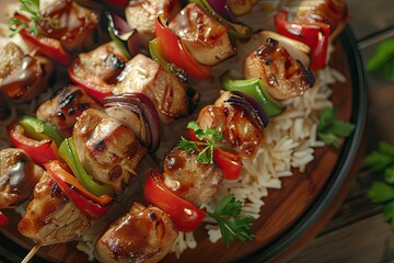 Wall Mural - Delicious grilled chicken skewers with colorful vegetables served on a bed of white rice, garnished with fresh greens.