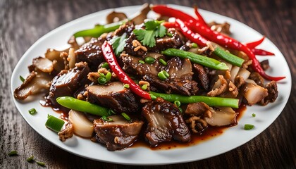 Wall Mural - Stir Fry chicken liver with Ginger,Fried sliced ginger and liver with ear mushroom, onion, spring onion and chilli in white plate
