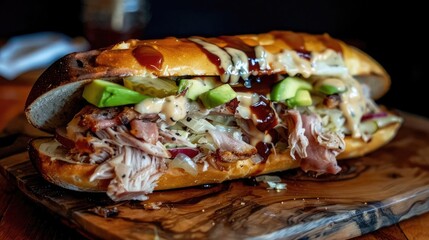 Wall Mural - Delicious pulled pork sandwich with avocado, cabbage slaw, and creamy sauce on a rustic wooden board, perfect for a gourmet lunch.