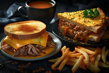 Wall Mural - Delicious sandwiches with melted cheese, pulled pork, french fries, and a cup of soup, perfect for a hearty meal.