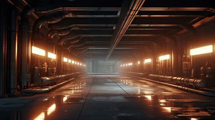 generated Illustration futuristic scifi tunnel corridor with glowing lights