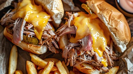 Delicious pulled pork sandwiches topped with melted cheese and served with crispy fries on the side.