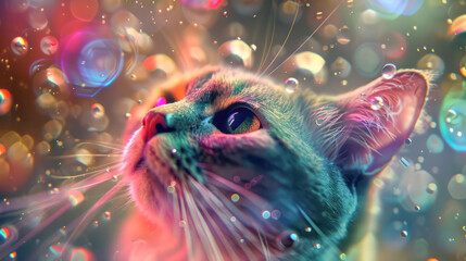 Concept of adorable little pets. Kitten on a sparkling lights or stars background.Generative AI