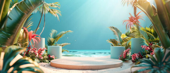 Tropical summer beach mock up background with podium for product display.Generative AI