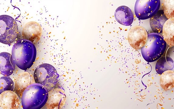 Holiday background with golden and purple metallic balloon