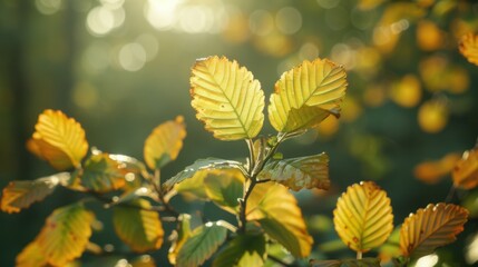 Sticker - Bright autumn leaves illuminated by sunlight in a forest setting, creating a warm and vibrant scene with bokeh effects.