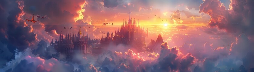 Wall Mural - A colorful sky with a castle in the background
