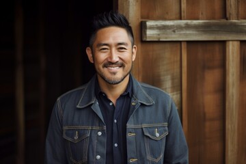 Sticker - Portrait of a blissful asian man in his 40s sporting a rugged denim jacket in rustic wooden wall