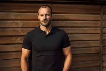 Portrait of a content man in his 40s wearing a sporty polo shirt in front of rustic wooden wall