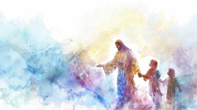 Jesus Blessing Children in Serene Watercolor Artwork