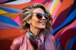 © Markus Schröder - Portrait of a tender woman in her 40s wearing a trendy sunglasses isolated in colorful graffiti wall