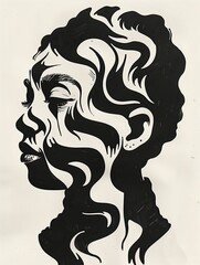 Wall Mural - Minimalistic african woman portrait, black and white bold waves.	