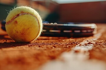 Wall Mural - a tennis ball and racket on a tennis court professional photography