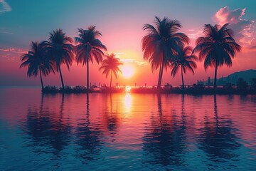 Silhouettes of palm trees against a sunset with hues of pastel colors.