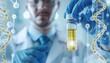 © bagoesanggito - Genetics research. Scientist holding vial with liquid and illustration of DNA structure