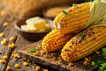 Wall Mural - Grilled corn on the cob with melted butter and spices, presented on a rustic wooden board, perfect for summer barbecues or family gatherings.