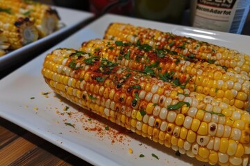 Wall Mural - Close-up of grilled corn on the cob seasoned with spices and garnished with herbs on a white plate.